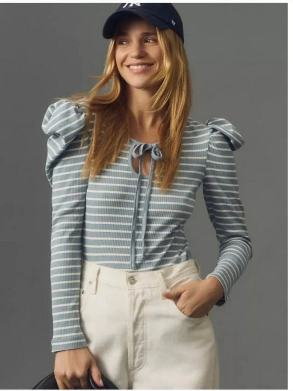 Anthropologie Porridge Puff Sleeve Keyhole Neck Striped Ribbed Knit Top Small